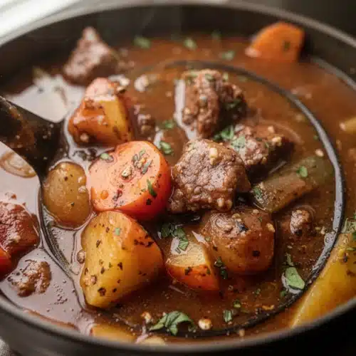 Old fashioned beef stew with tender beef, carrots, potatoes, and herbs in a rich broth
