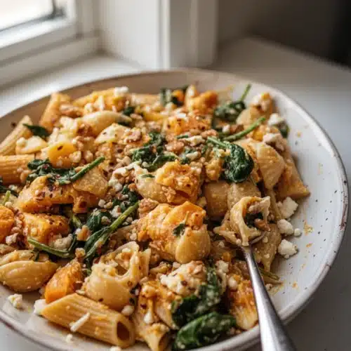 Creamy pumpkin feta pasta with spinach and walnuts in white dish