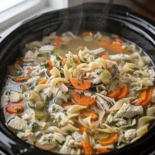 Slow cooker chicken noodle soup with tender chicken, carrots, celery, and egg noodles in a black slow cooker