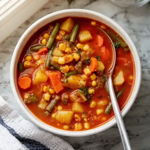 Slow cooker vegetable soup with carrots, green beans, corn, and potatoes in a white bowl