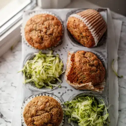 Soft Zucchini Muffins: Delightfully Moist and Easy 2 Soft zucchini muffins in a muffin tin with shredded zucchini, golden brown and moist