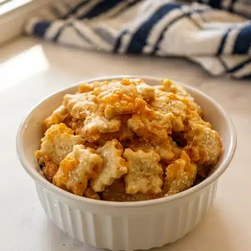 Golden sourdough cheese crackers in a white bowl with a striped towel