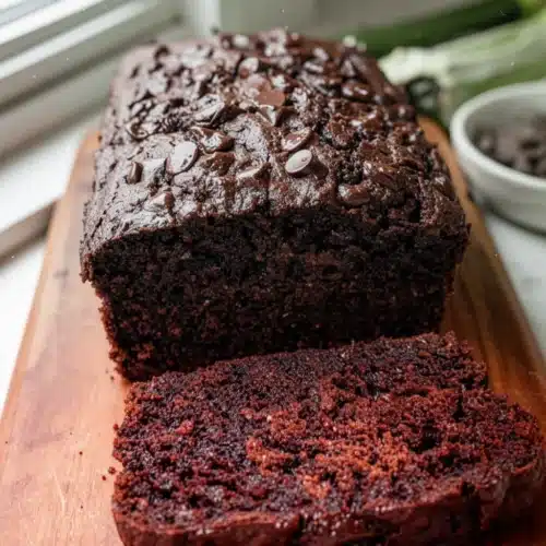 Super Moist Double Chocolate Zucchini Bread: A Delightful Treat 2 Super moist double chocolate zucchini bread with chocolate chips on a wooden board