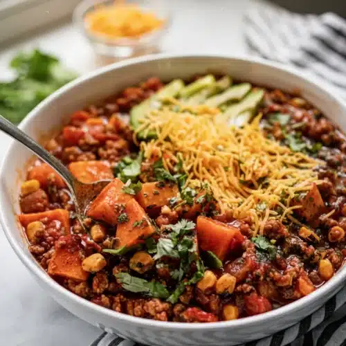 Sweet potato turkey chili in a white bowl with cheese, avocado, and cilantro