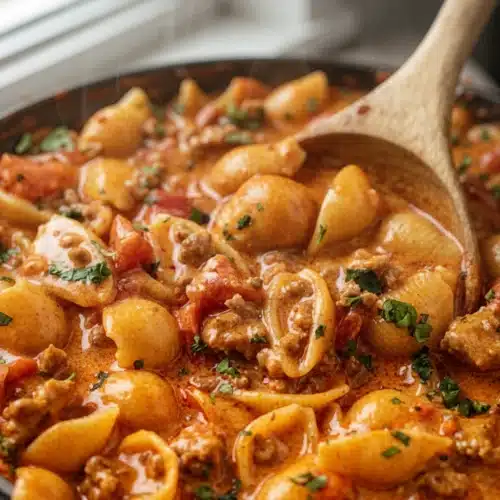 Creamy taco pasta with shells, cheese, beef, and cilantro