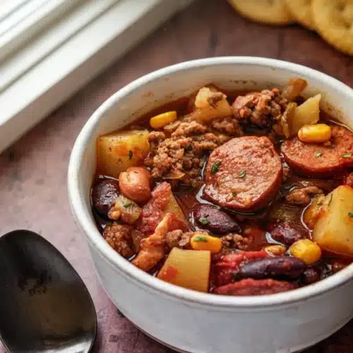 Hearty Texas Cowboy Stew with beans, beef, and vegetables in white bowls