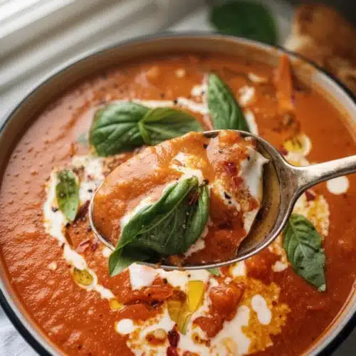 Creamy tomato carrot soup with basil and cream drizzle in a bowl