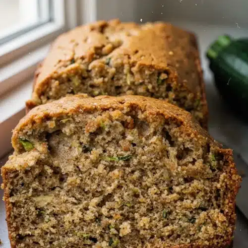 The Best Easy Zucchini Bread Recipe That Everyone Loves 2 Moist zucchini bread slices with visible green flecks and golden crust, fresh from the oven