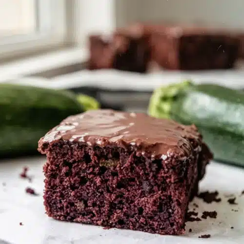 Zucchini Chocolate Brownies: A Deliciously Moist Treat 2 Moist zucchini chocolate brownie with chocolate icing, whole zucchinis in background