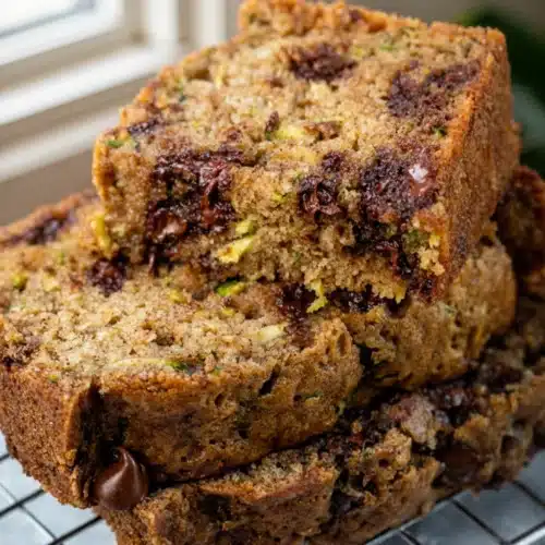 Zucchini Chocolate Chip Cookies: Delightfully Easy and Delicious 2 Slices of zucchini chocolate chip bread with melted chocolate chips on a cooling rack