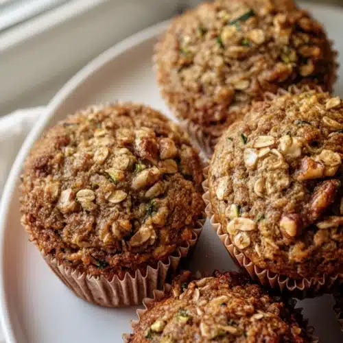 Zucchini oatmeal muffins with oats and nuts on a white plate